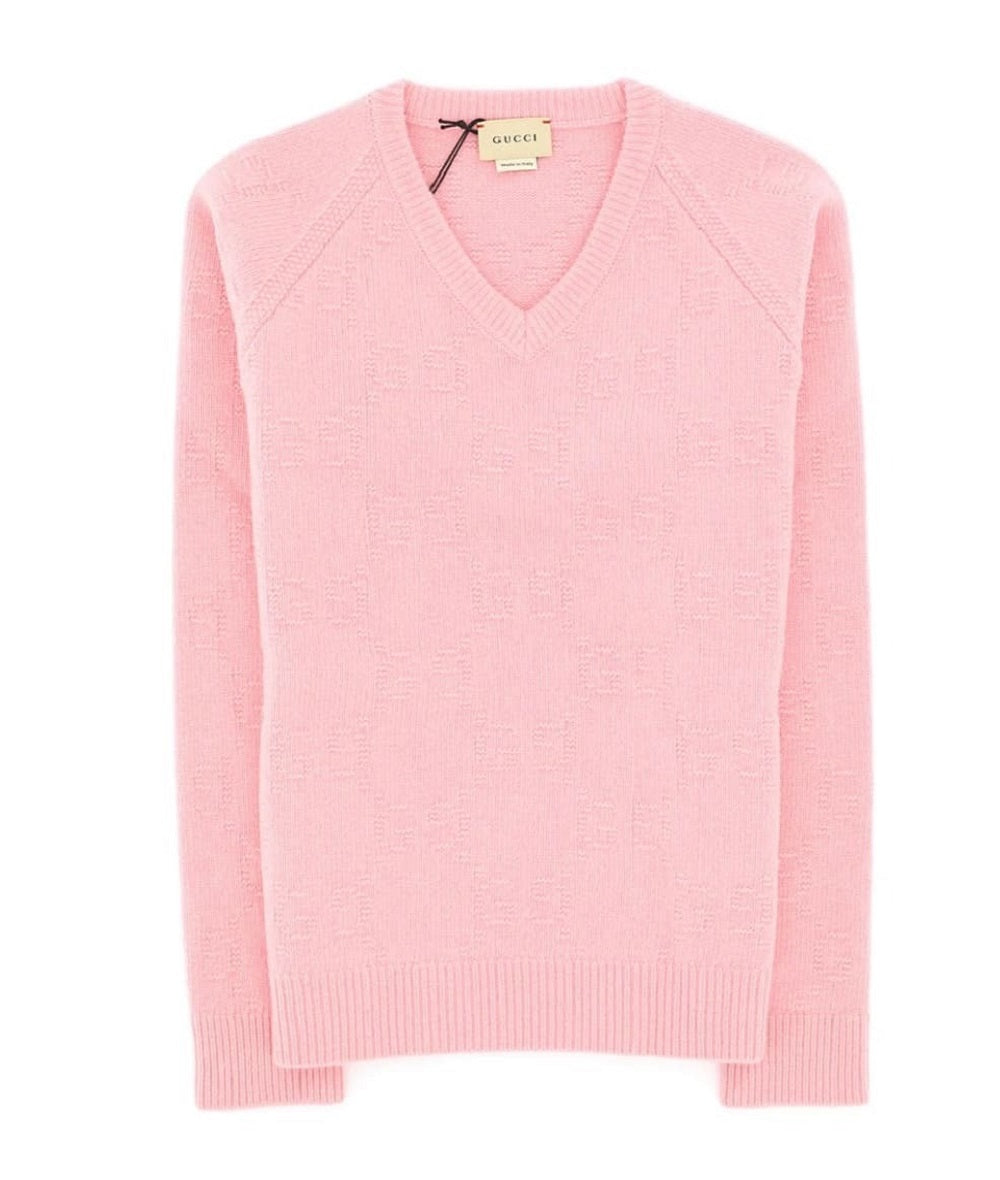 Gucci Girls Pink GG Logo Detailed V-Neck Jumper
